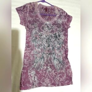 M-Purple Rhinestone Studded T-Shirt with Cross and Angels Wings Front and Back.
